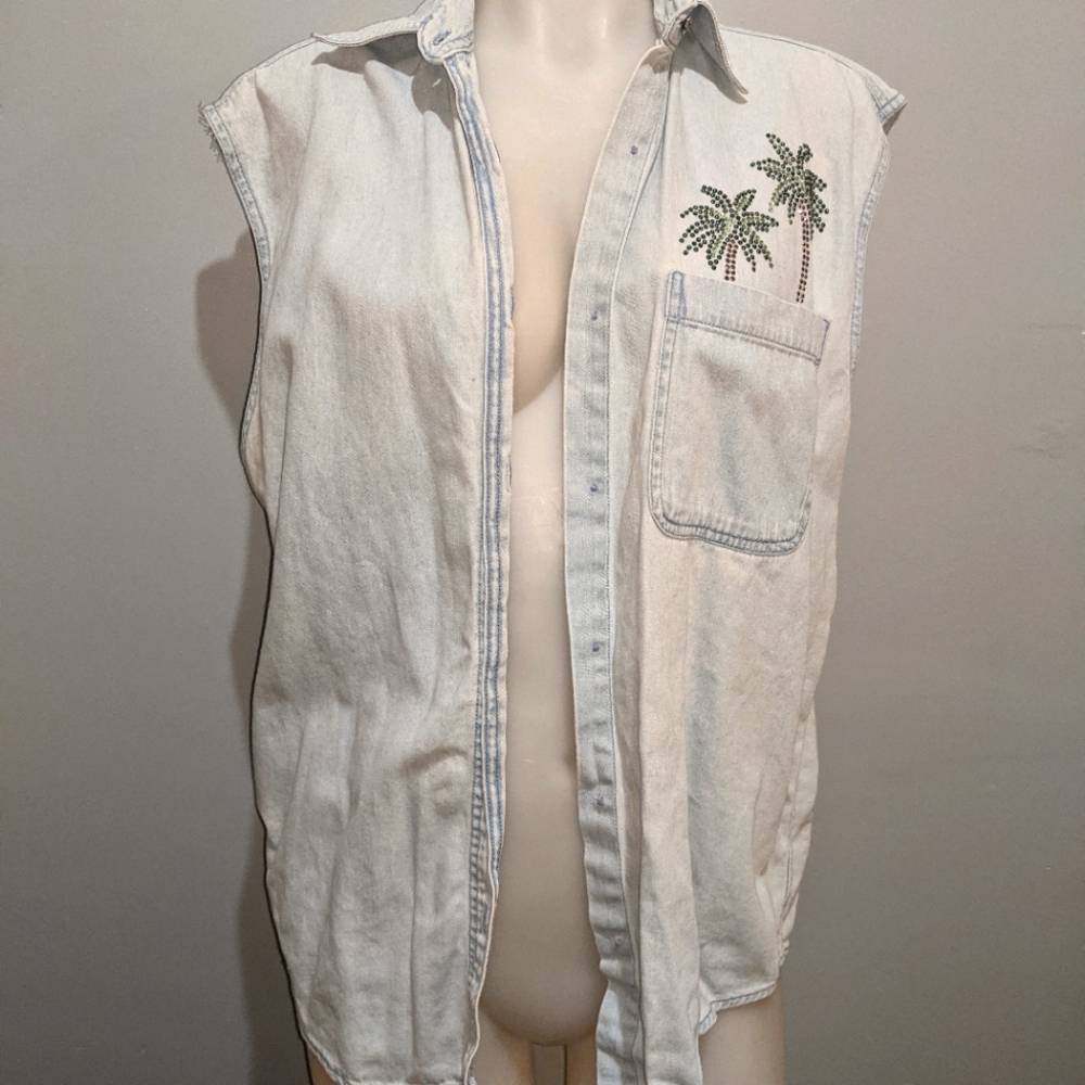 Jean vest with bedazzled palm trees